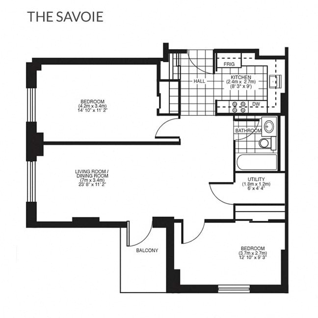 Floor plan for 2 beds, 1 bath, 821 sqft